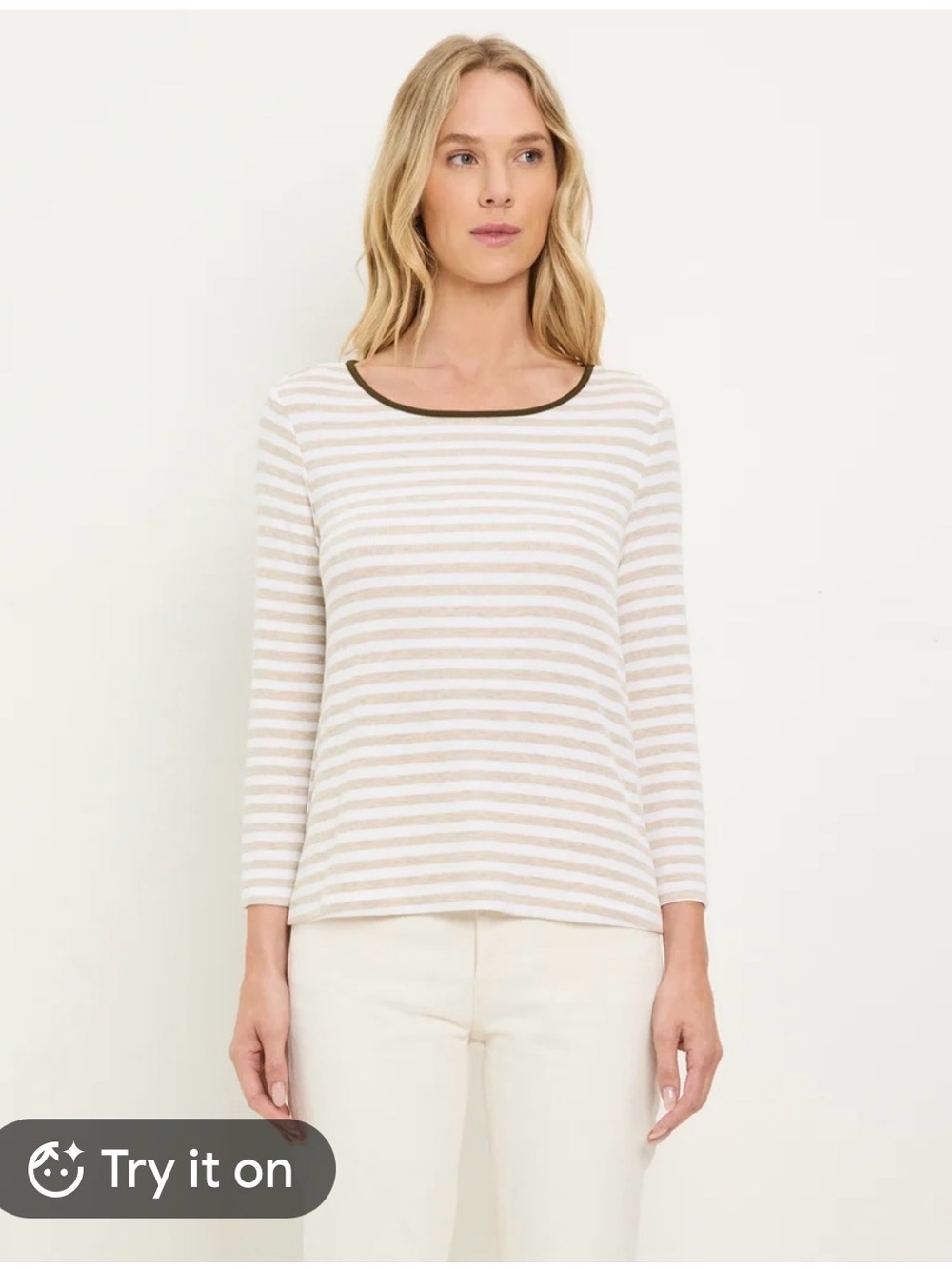 Michael Stars Beige and White Striped Scoop-Neck Long Sleeve Top M